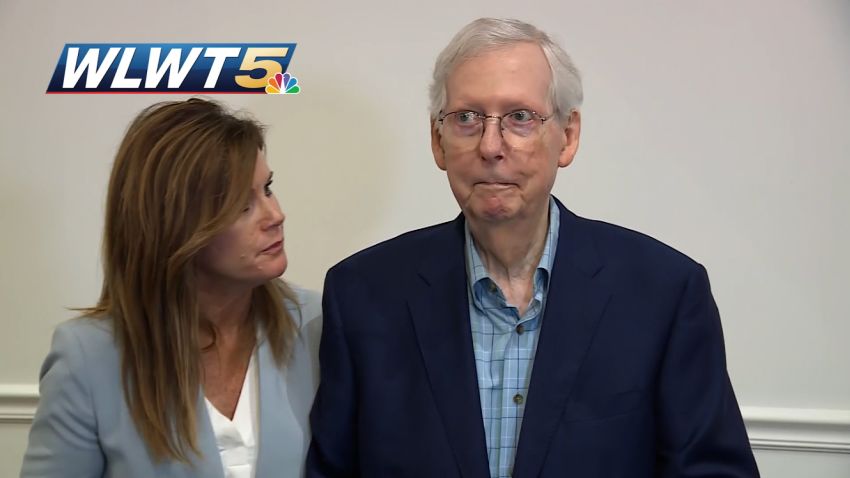 In this screenshot from video, Sen. Mitch McConnell freeze up after a reporter asks a question.